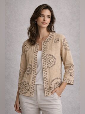 Vintage Marisa Christina Pure Silk Tan Embroidered Jacket Small Luxury Boho